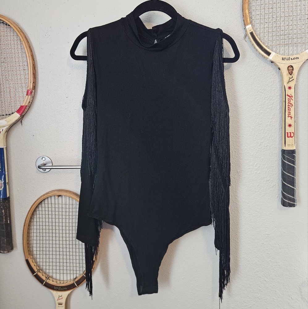Blue b Collection Fringe Black Long Sleeve Bodysuit Medium
